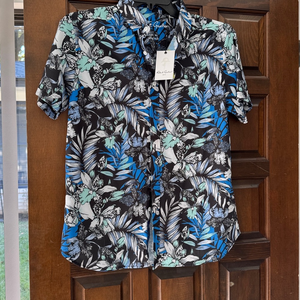 Robert Graham Blue and Black Botanical Shirt